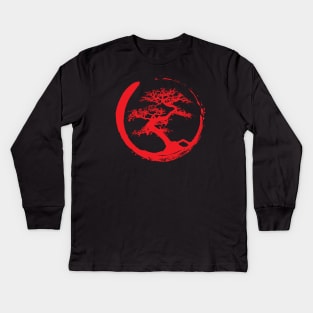 Zen Bonsai Tree in Enso Circle (red) Kids Long Sleeve T-Shirt